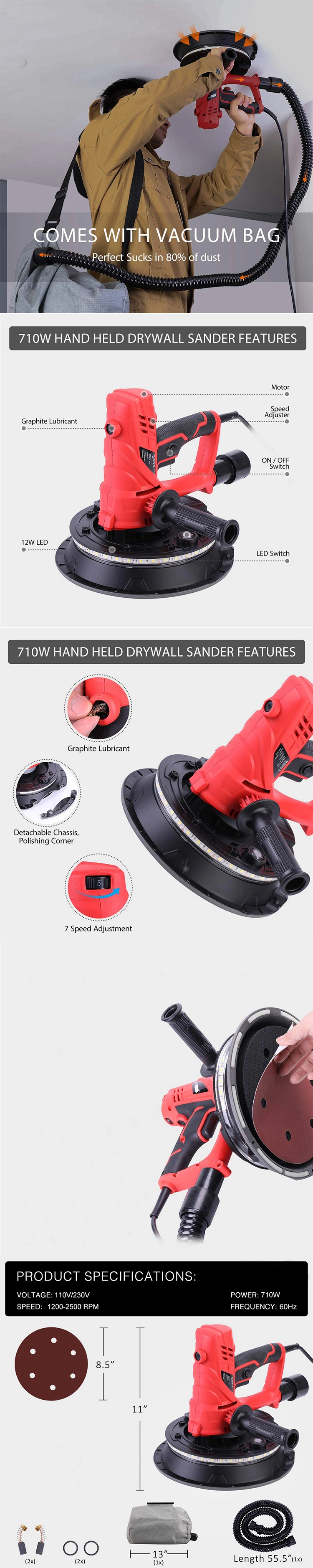 Variable Drywall Sander with Vacuum, Flexible Standing Pad Externally Accessible Brush Sander