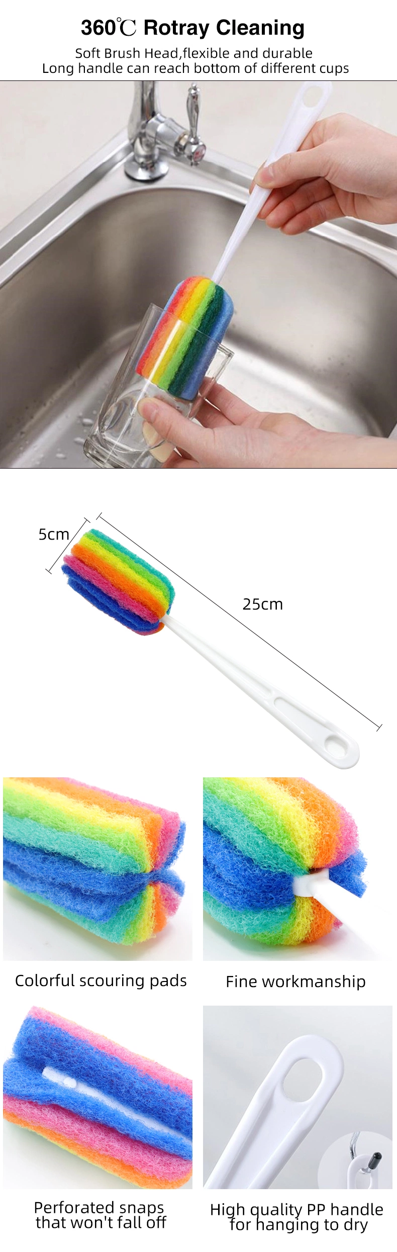 Cleaning Bottle Sponge Brush with Long Handle Scouring Pad Scrub Brushes for Kitchen Clean Glasses Mugs Cups