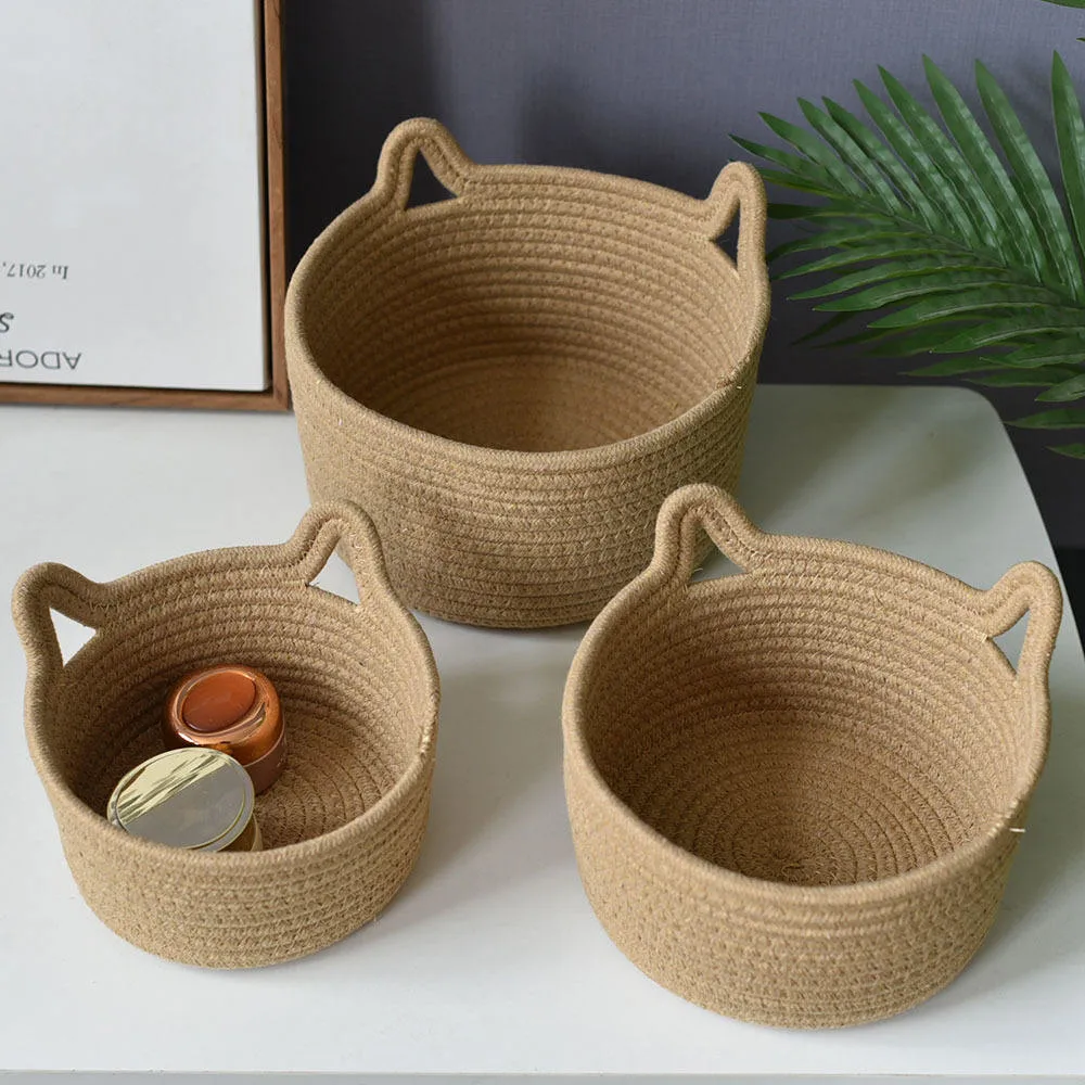 Cotton Thread Basket Woven Rattan Cat Ear Round