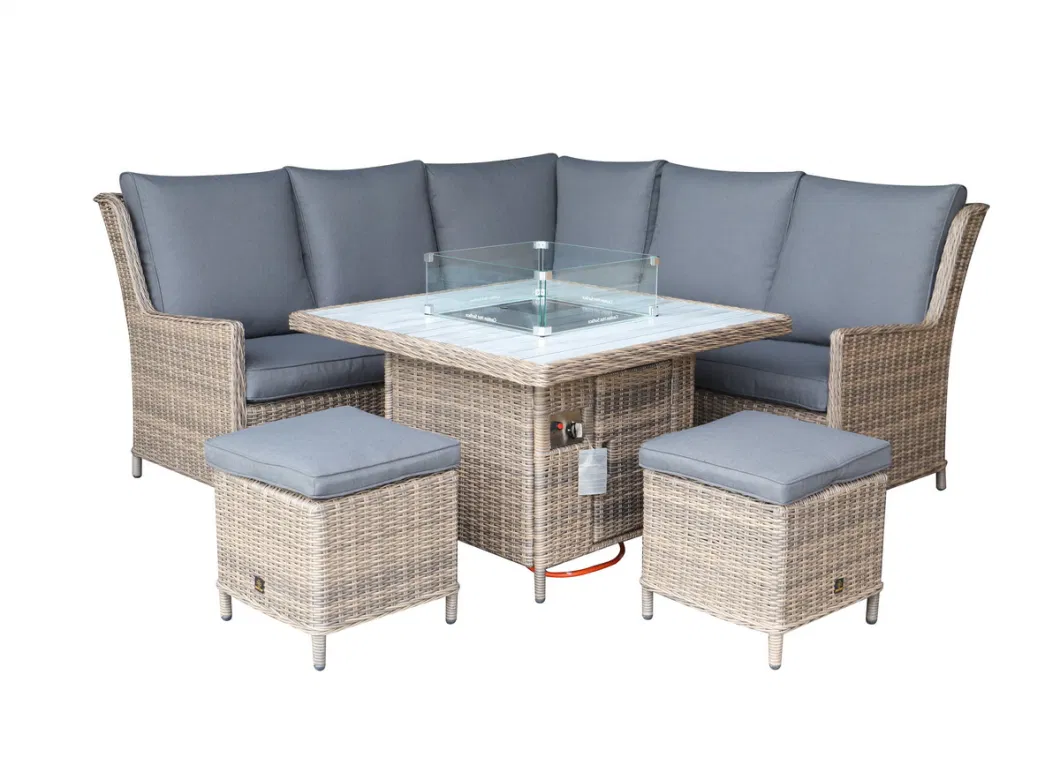 Luxury Design Outdoor Furniture Garden Rattan Corner Dining Set with Fire Pit