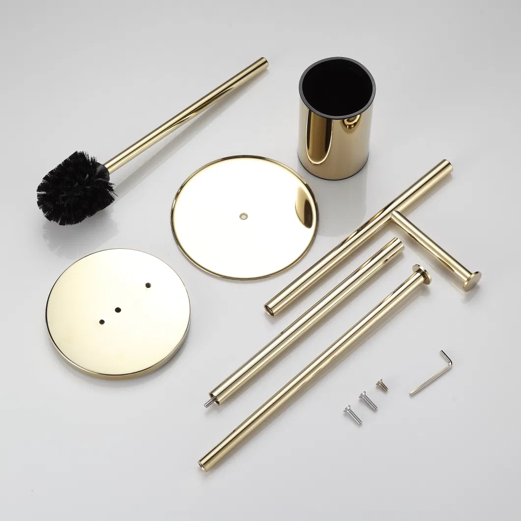 Gold Bathroom 304 Stainless Steel Stand Toilet Brush with Round Storage Holder