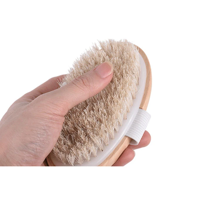 Wholesale Hot Sale Custom Logo Natural Vegan Wooden 100% Horse Hair Bamboo Handle Dry Skin Body Bath Brush with Hand Band