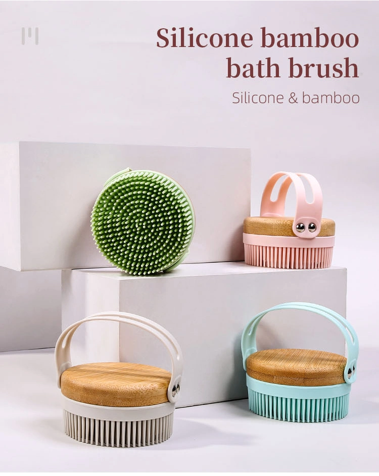 FDA BPA Free Soft Silicone Bristle Bamboo Exfoliating Body Scrubber Shower Back Bath Sponge Cleaning Brush