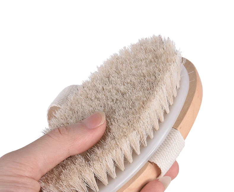 Wholesale Hot Sale Custom Logo Natural Vegan Wooden 100% Horse Hair Bamboo Handle Dry Skin Body Bath Brush with Hand Band