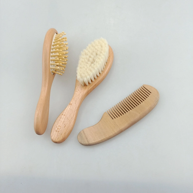 Amazon Hot Sale Custom Organic Natural Beech Wooden Soft White Goat Bristle Mini Baby Girl Hair Brush and Comb Set for Newborn