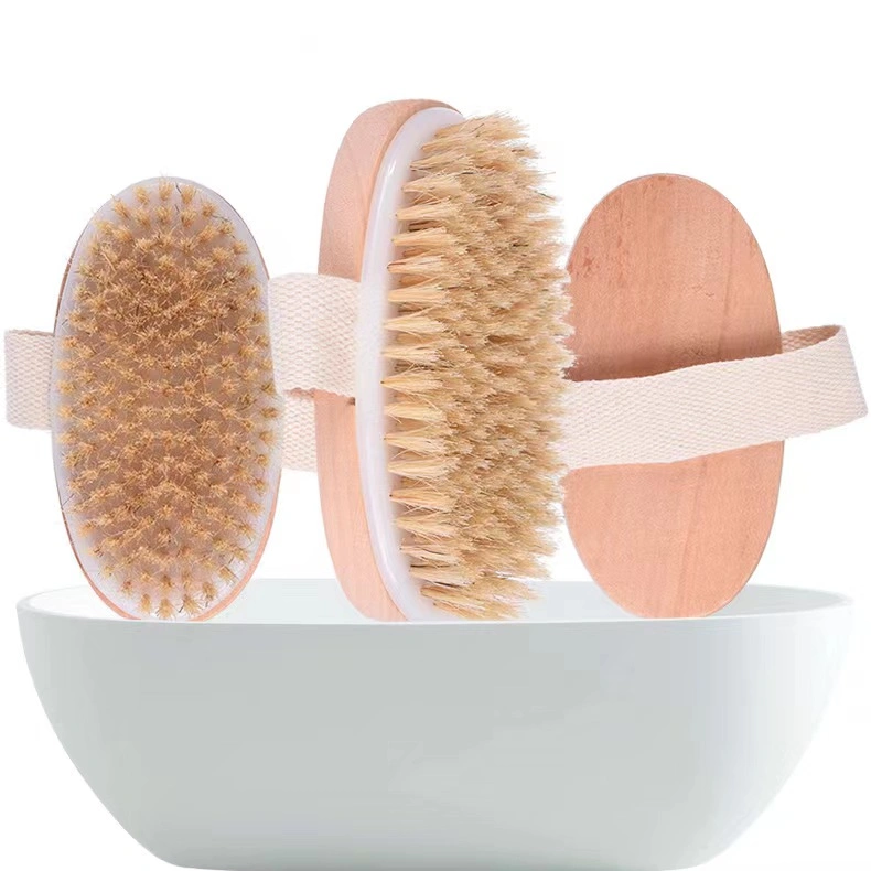 Custom Logo Handle Natural Boar Bristle Dry Skin Body Bath Brush with Hand Band