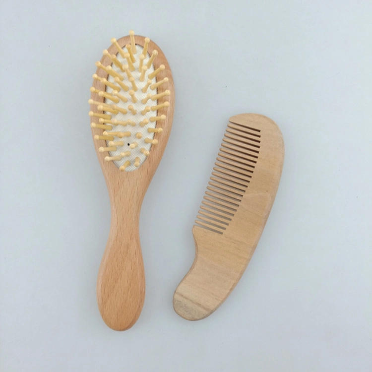 Amazon Hot Sale Custom Organic Natural Beech Wooden Soft White Goat Bristle Mini Baby Girl Hair Brush and Comb Set for Newborn