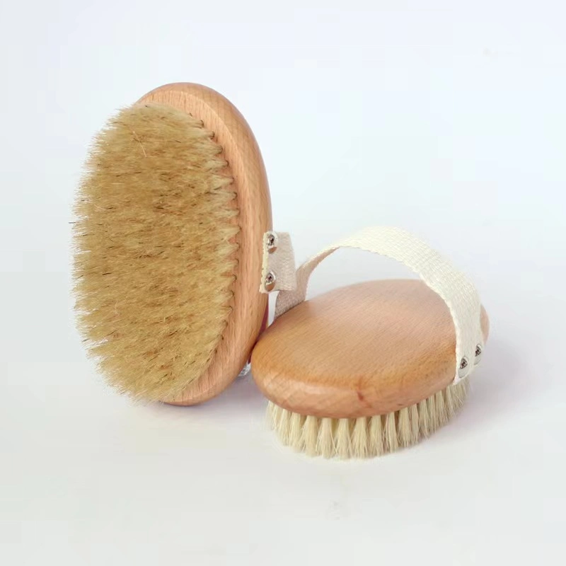 Custom Logo Handle Natural Boar Bristle Dry Skin Body Bath Brush with Hand Band