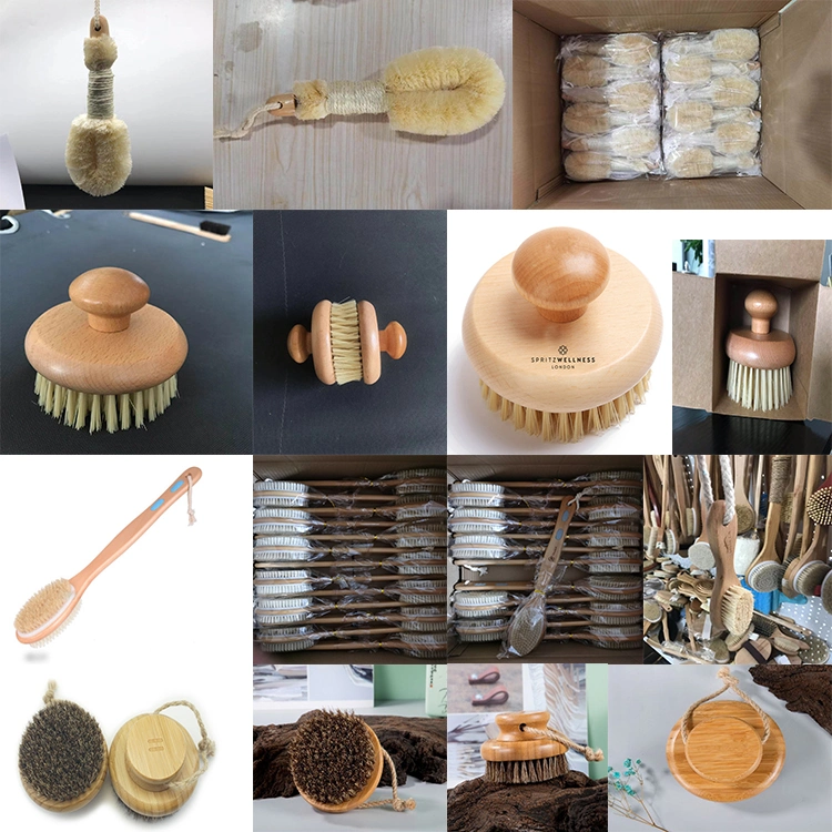 Wholesale Hot Sale Custom Logo Natural Vegan Wooden 100% Horse Hair Bamboo Handle Dry Skin Body Bath Brush with Hand Band