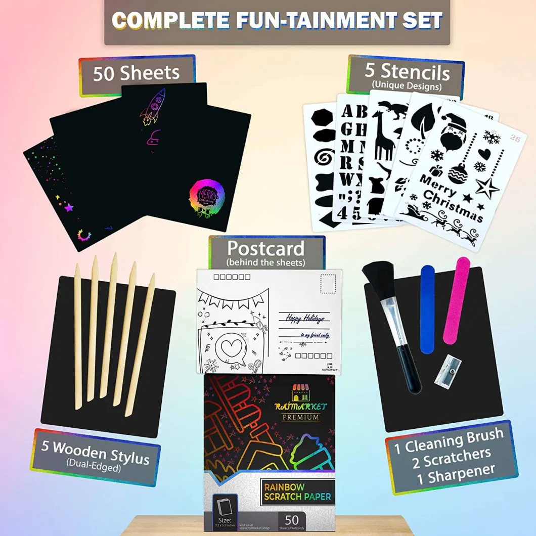 100 Sheets of Rainbow Scratch Paper Art Set with 10 Wooden Stylus and 4 Stencils for Kids DIY Christmas Crafts