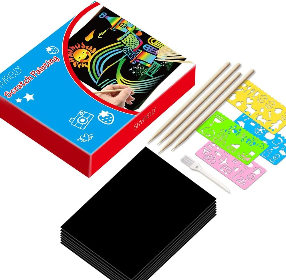 100 Sheets of Rainbow Scratch Paper Art Set with 10 Wooden Stylus and 4 Stencils for Kids DIY Christmas Crafts