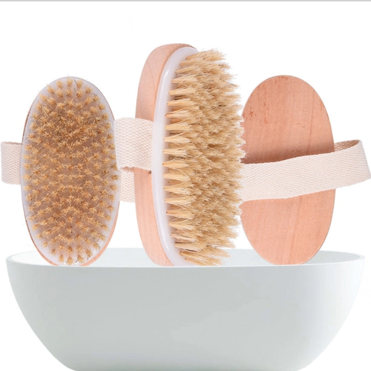 2020 Wholesale Hot Sale Custom Logo Wood Handle Natural Boar Bristle Dry Skin Body Bath Brush with Hand Band