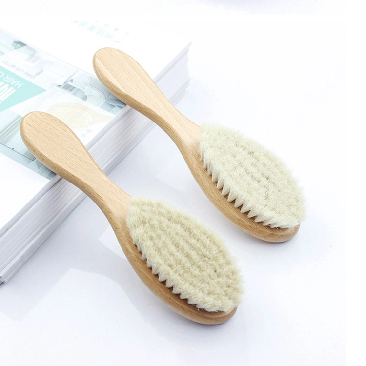 Amazon Hot Sale Custom Organic Natural Beech Wooden Soft White Goat Bristle Mini Baby Girl Hair Brush and Comb Set for Newborn