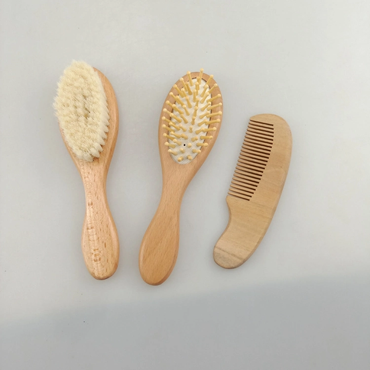 Amazon Hot Sale Custom Organic Natural Beech Wooden Soft White Goat Bristle Mini Baby Girl Hair Brush and Comb Set for Newborn