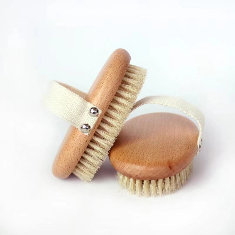 Custom Logo Handle Natural Boar Bristle Dry Skin Body Bath Brush with Hand Band