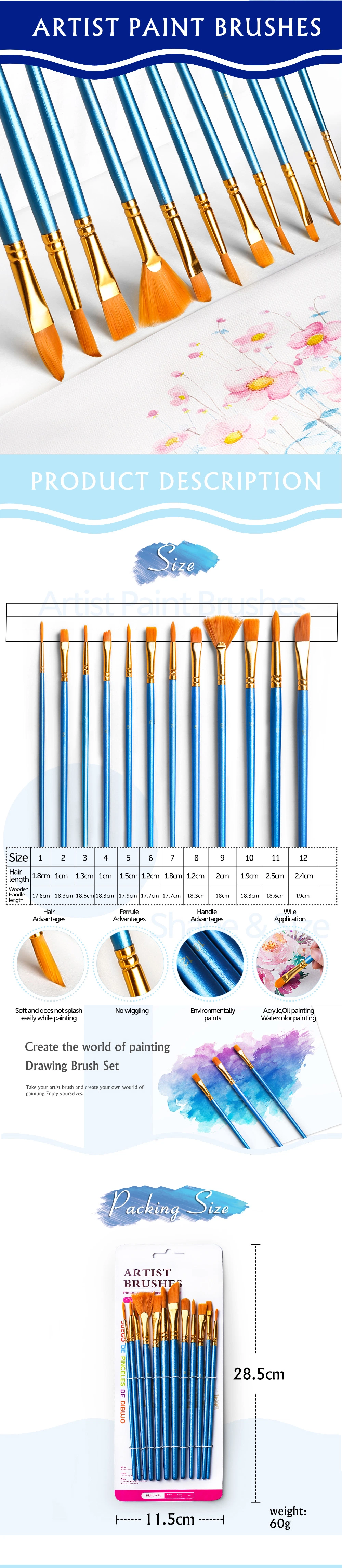 12PCS Colorful Plastic Artist Brush for Painting and Drawing