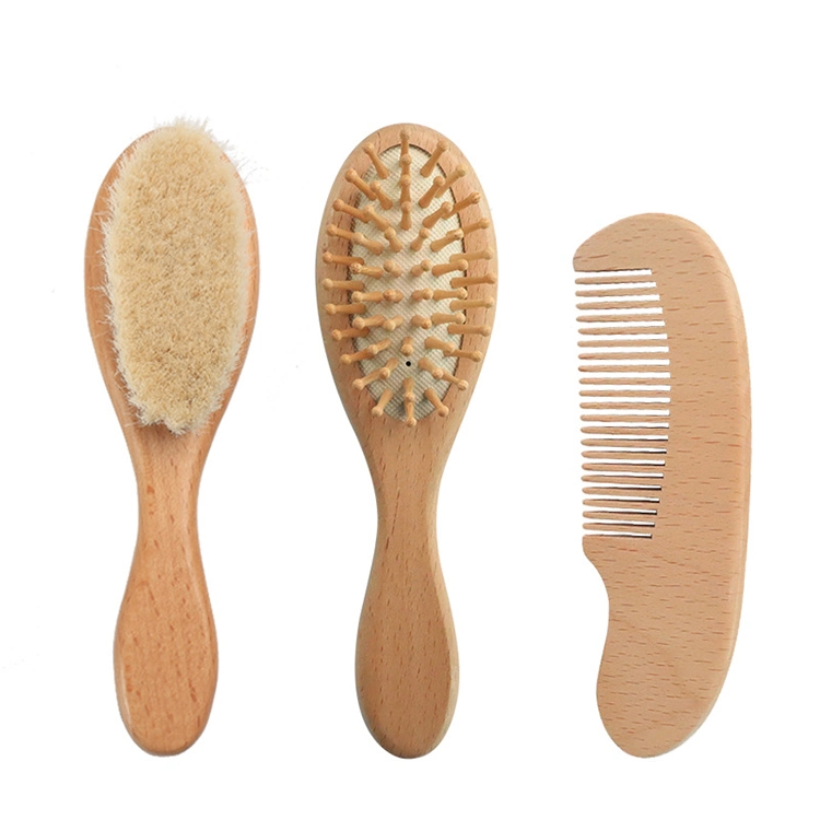 Amazon Hot Sale Custom Organic Natural Beech Wooden Soft White Goat Bristle Mini Baby Girl Hair Brush and Comb Set for Newborn