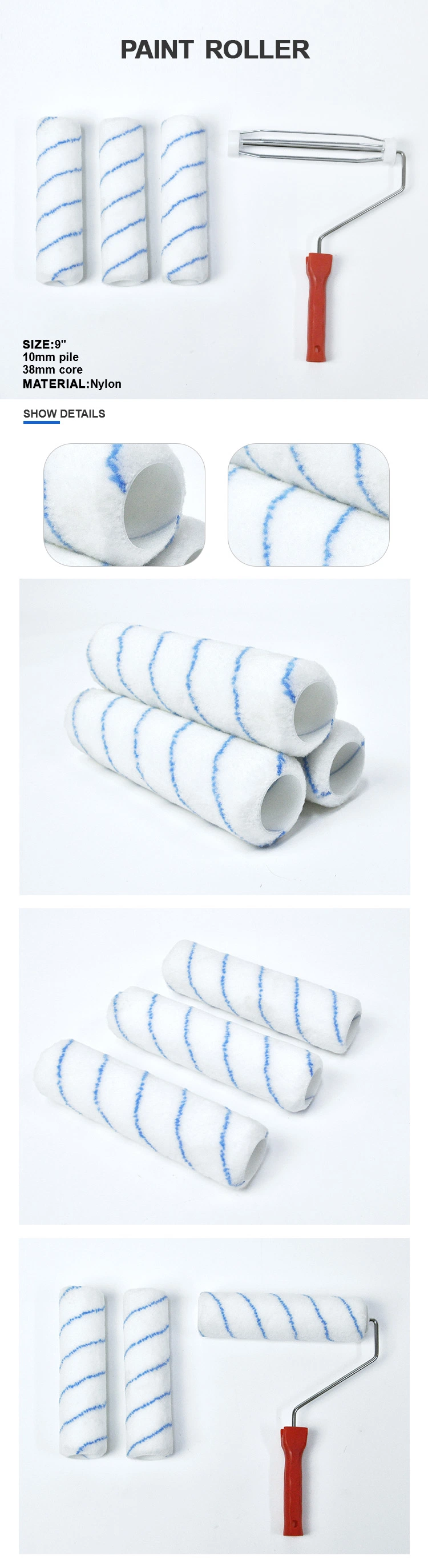 MSN 9 Inch Paint Roller Sleeve 10mm Nap Nylon Blue Stripe Paint Roller Covers