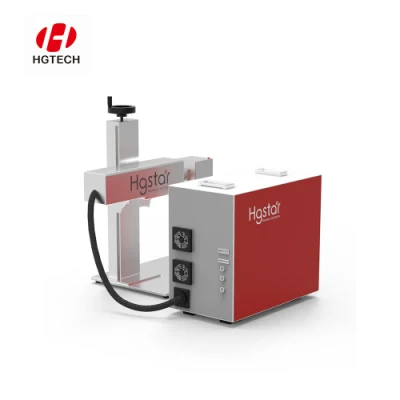  Hgtech Mini Portable Desktop Auto Focus Fiber Laser Marking Machine for Metal Name Tag Engraving Plastic Pet Logo Printing Brand Plate Rotary Ring Date Engraver