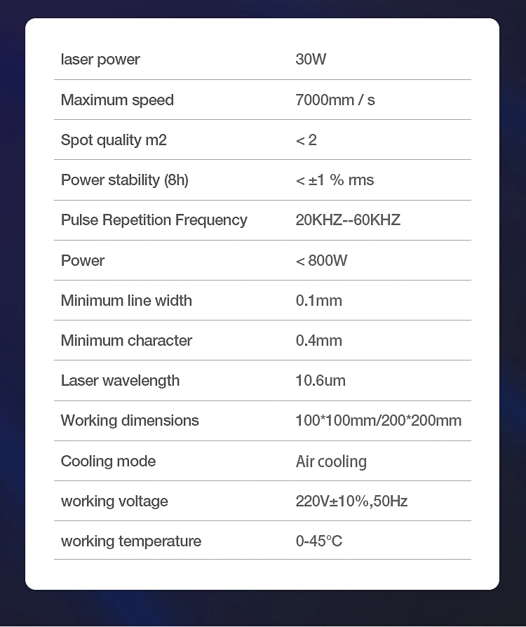 30W CO2 Laser Marking Machine with Closed Laser Tube CO2 Galvo Laser