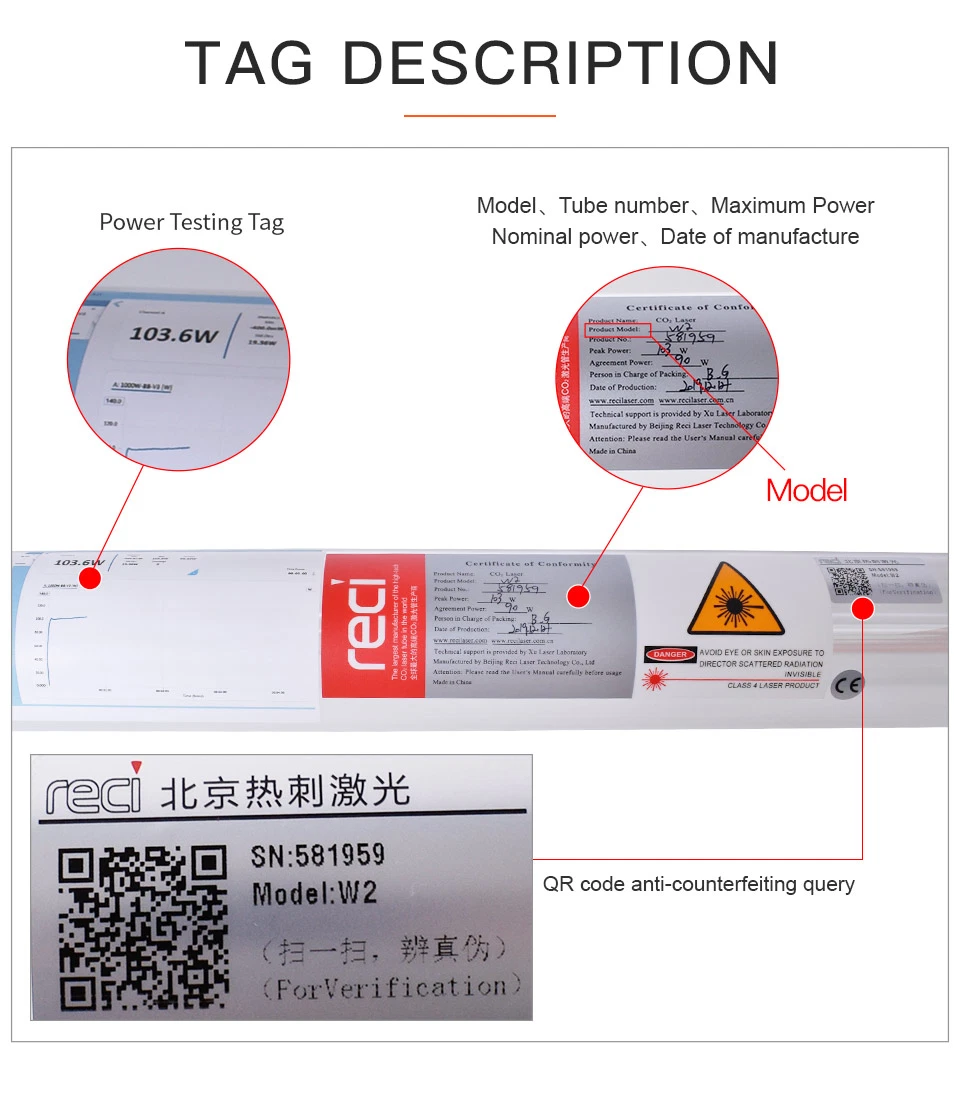 Laser Tube Reci W2 100W CO2 Lamp Dia 80mm S2 Z2 V2 for 80W 90W Engraver Marking Machine Matching with Dy13 Laser Power Supply