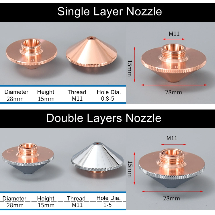 D28 D32 H15 Metal Laser Cutting Nozzle for CNC Fiber Laser Cutting Machine Parts for Precitec Raytools Wsx Head with Single Double Layer Chrome Plating Copper