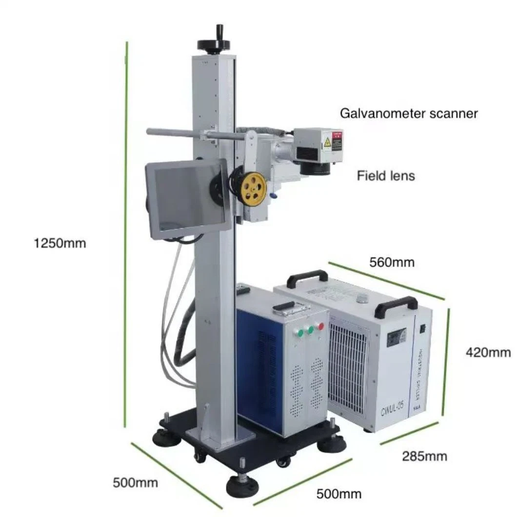 30W 60W 100W Online Flying CO2 Laser Marking Machine for Wire Pet Bottle Plastic Bag Glass Printing