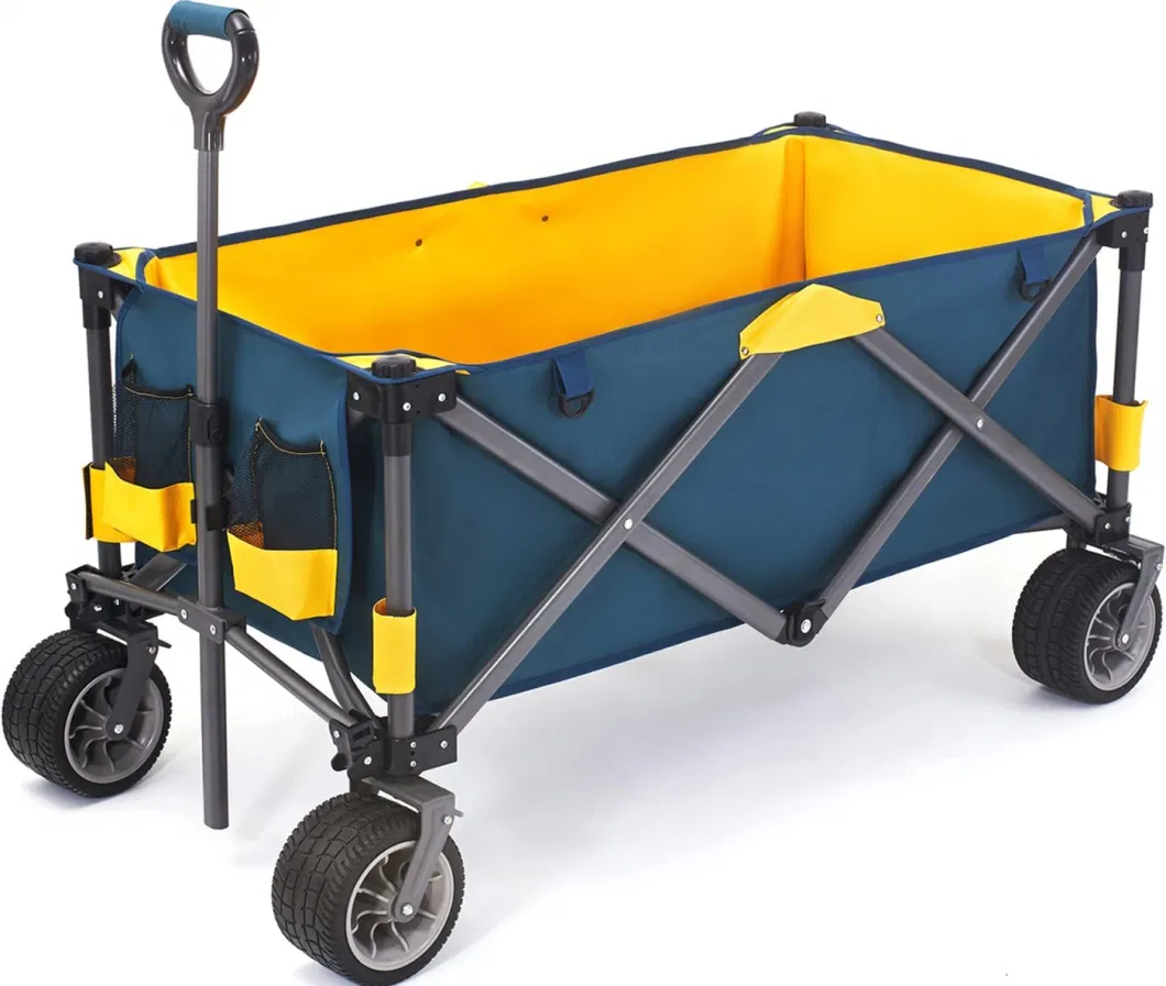 Large Collapsible Folding Wagon Cart Heavy Duty Folding Garden Portable Hand Cart W/7*4 in All-Terrain Beach Sturdy Brake Wheel, Adjustable Handle&Drink Holder