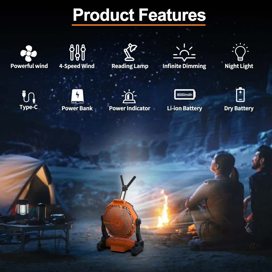 2022 New Trend Wireless USB 18 LEDs Camping Light with Ceiling Fan Tent Accessories Hanging Outdoor Emergency Light with Tripod
