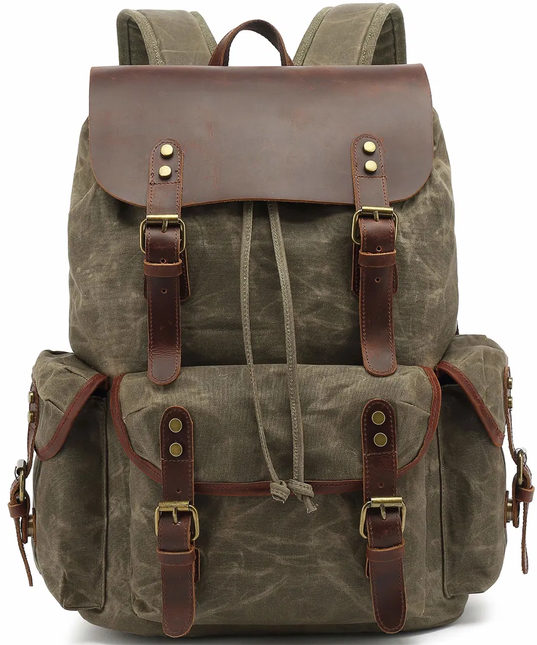 Drawstring Waxed Canvas Backpack Men Prime S Retro Cowhide Leather Travel Backpack (RSMC-6105-Z)