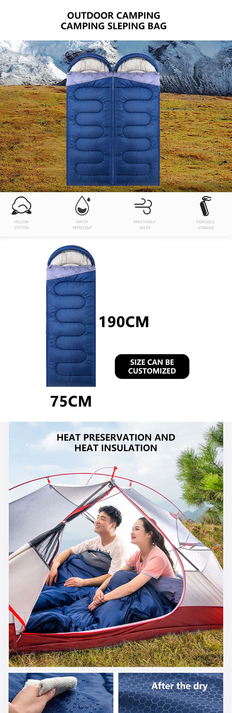 Hot Sales Envelope Sleeping Bag Portable Winter Outdoor Adults Compact Camping Double Hiking Sleeping Bag