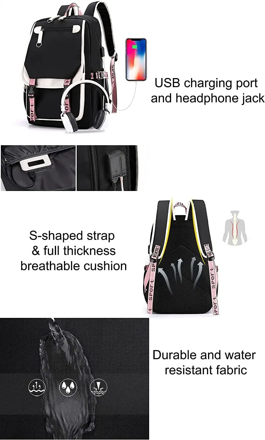 Teenage Girls&prime; School Backpack Students Bookbag Outdoor Daypack with USB Charge Port