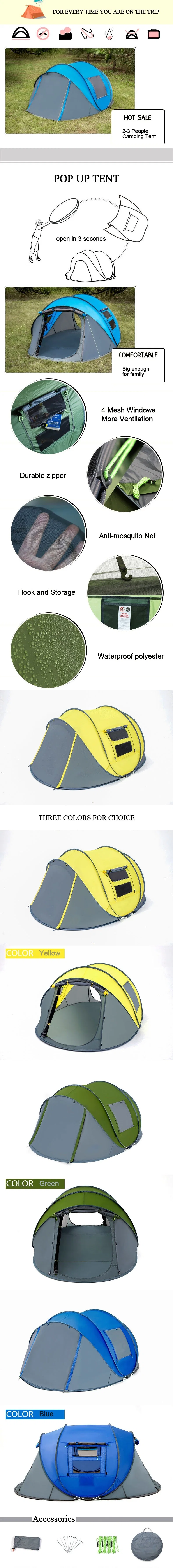 Waterproof 2-4 People Yellow Pop up Automatic Camping Tent for Men/Women/Family with Logo Print