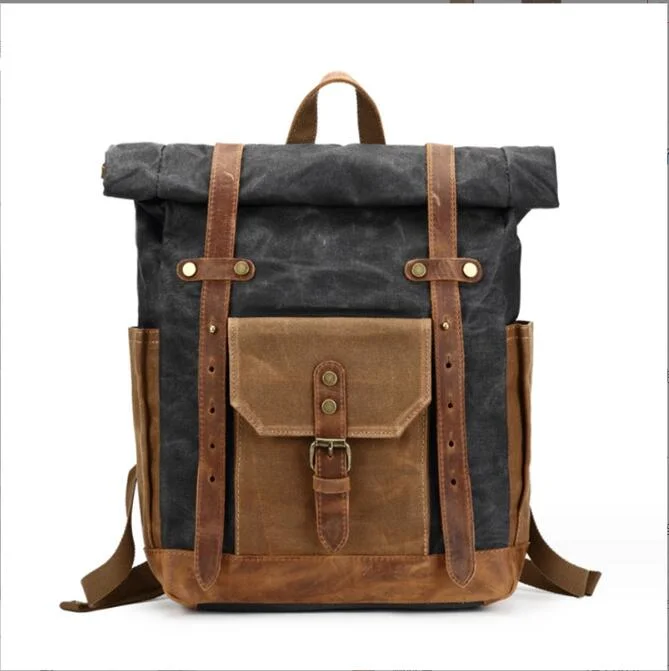 Fit 15inch Laptop Waxed Canvas Leather Hiking Travel Waterproof Backpack