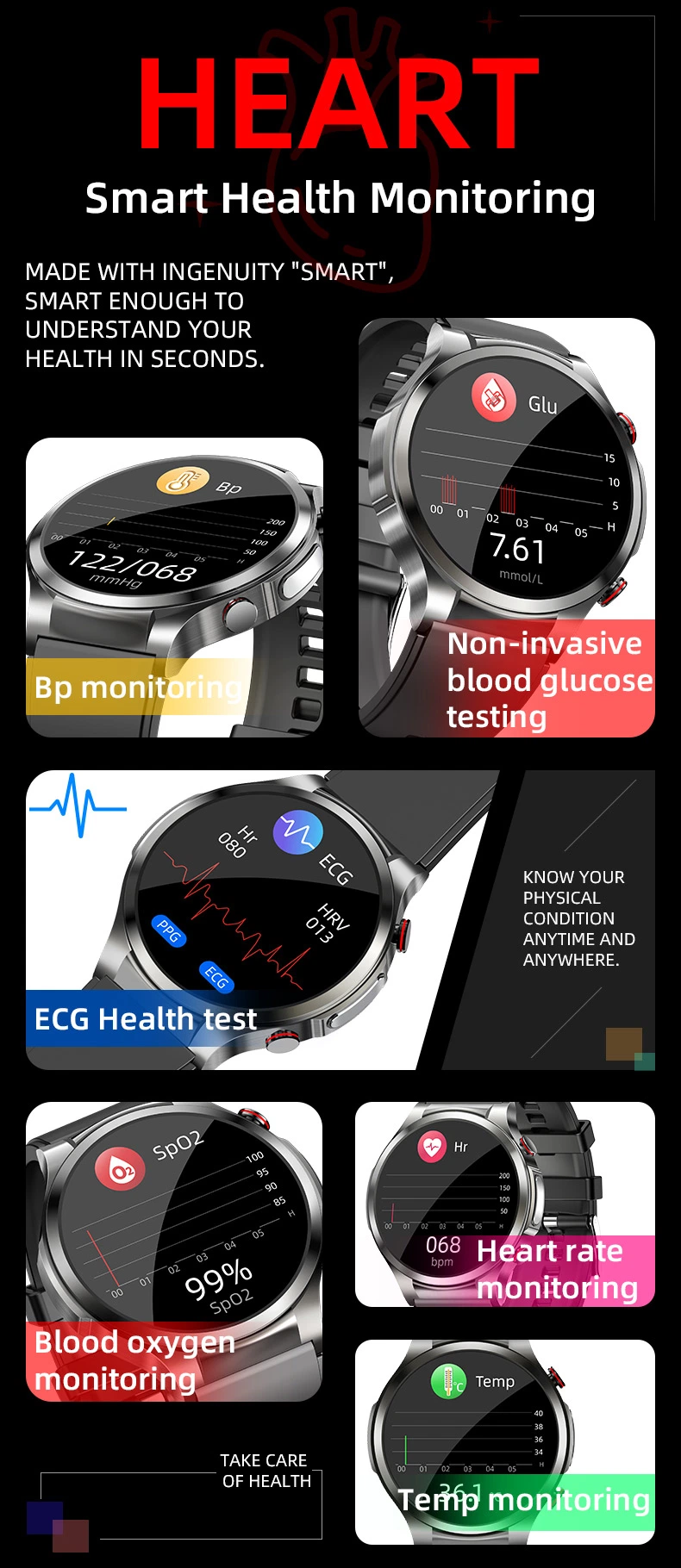 Blood Glucose Monitoring ECG Smart Watch with Temperature Blood Pressure Oxygen Fitness Tracker Health W11