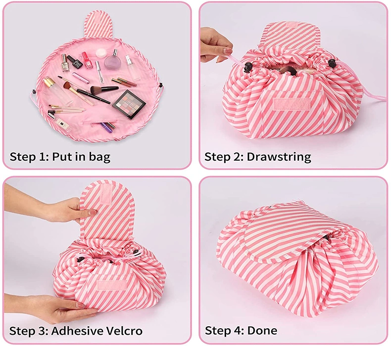 Women Polyester Capacity Lazy Drawstring Travel Makeup Bag for Ladies