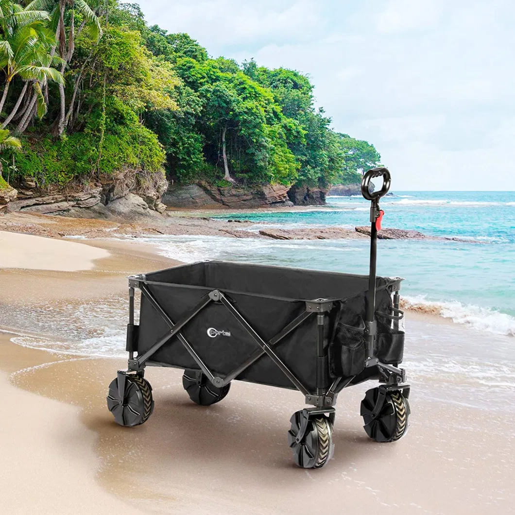 Large Collapsible Folding Wagon Cart Heavy Duty Folding Garden Portable Hand Cart W/7*4 in All-Terrain Beach Sturdy Brake Wheel, Adjustable Handle&Drink Holder