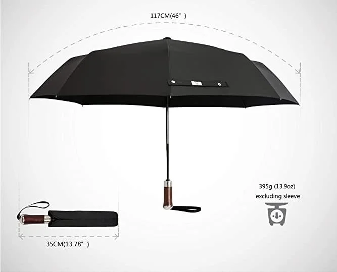 Leather Handle 23 Inch 8 Ribs 3 Folding Full Automatic Travel Compact Umbrellas for Camping