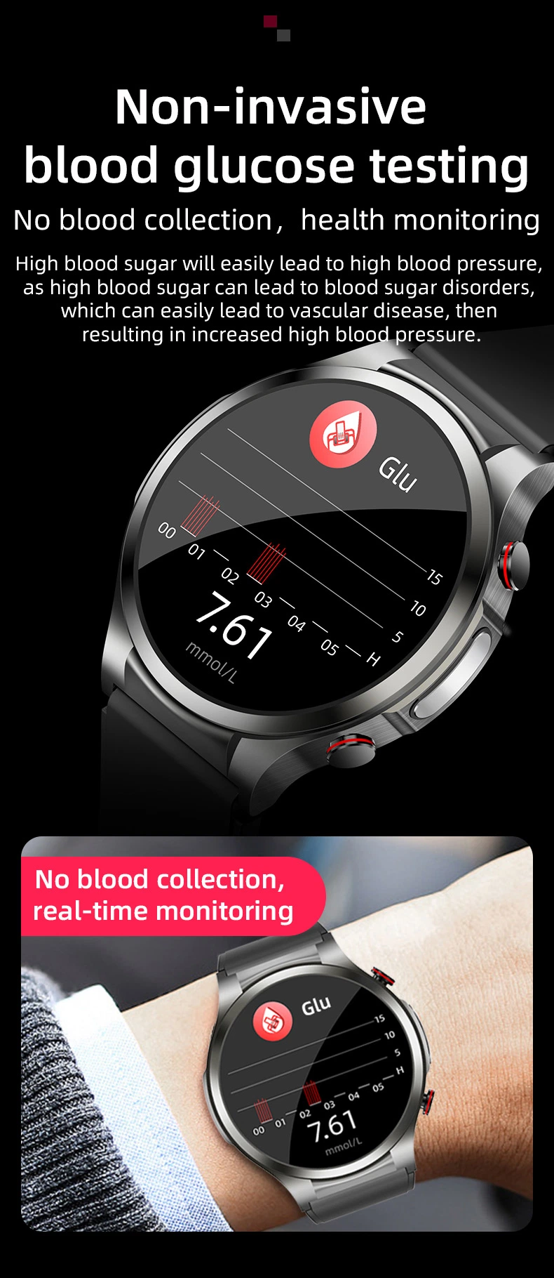 Blood Glucose Monitoring ECG Smart Watch with Temperature Blood Pressure Oxygen Fitness Tracker Health W11