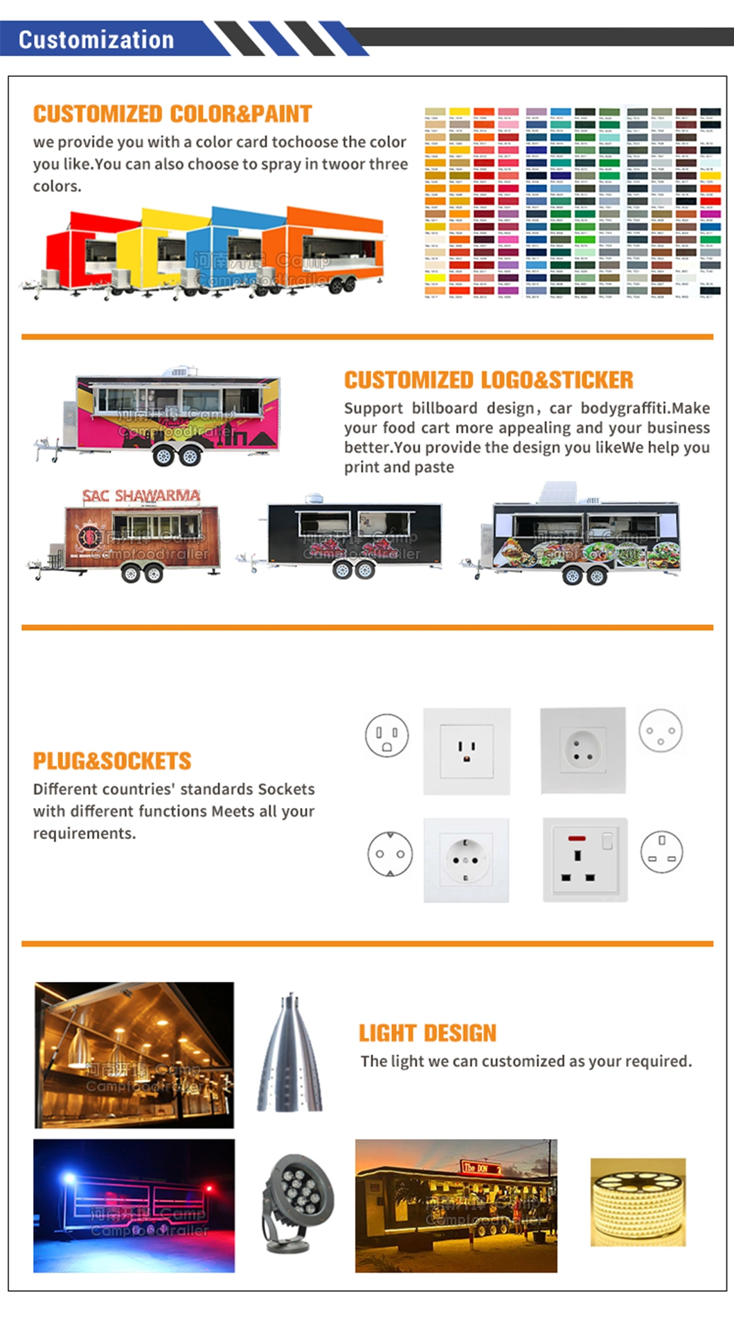 Camp V-Nose Large Food Truck Pizza Trailer Ice Cream Prefab Shop Coffee Food Cart with Full Kitchen and Toilet