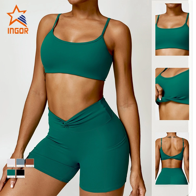 Ingorsports Factory Hot Selling 5PCS Set Sports Fitness Sweat Suits Gym Clothing for Women, Custom Logo Gym Top + Yoga Shorts + Workout Leggings Active Apparel