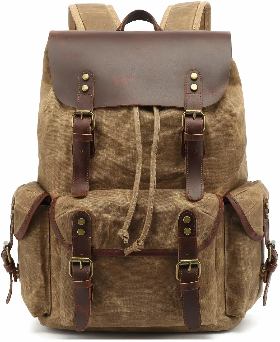 Drawstring Waxed Canvas Backpack Men Prime S Retro Cowhide Leather Travel Backpack (RSMC-6105-Z)