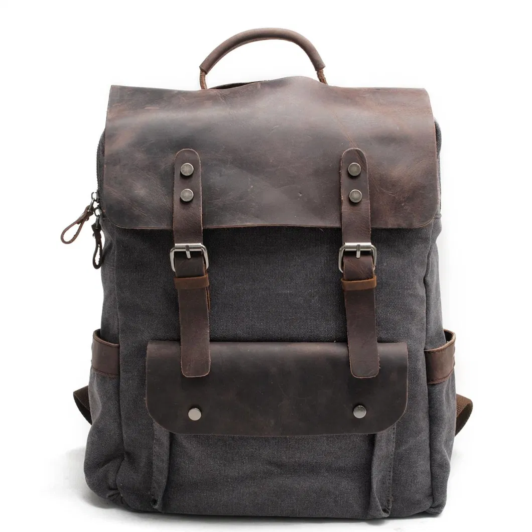 Design Canvas Day Pack Waxed Leather Outdoor Men Shoulder Backpack (RS-8064K-1)