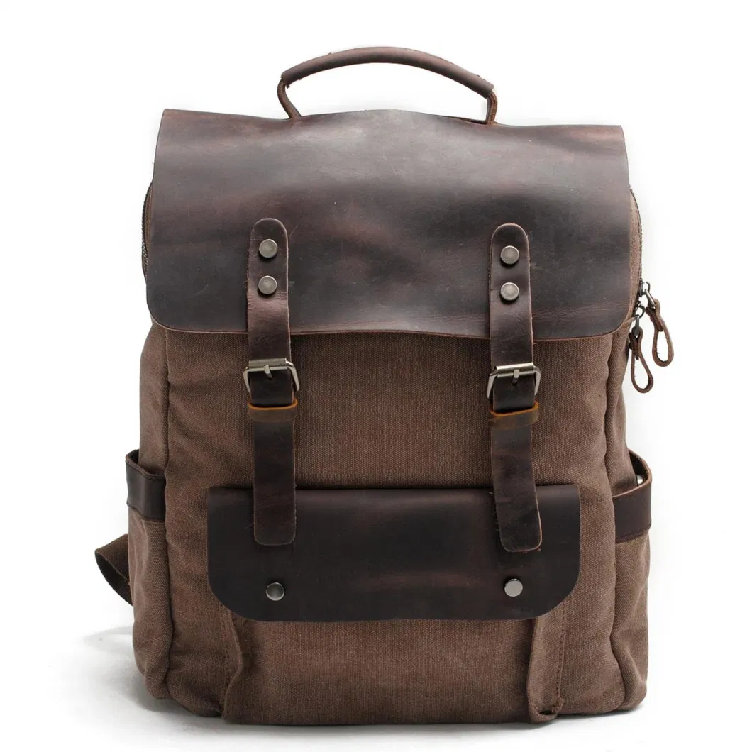 Design Canvas Day Pack Waxed Leather Outdoor Men Shoulder Backpack (RS-8064K-1)
