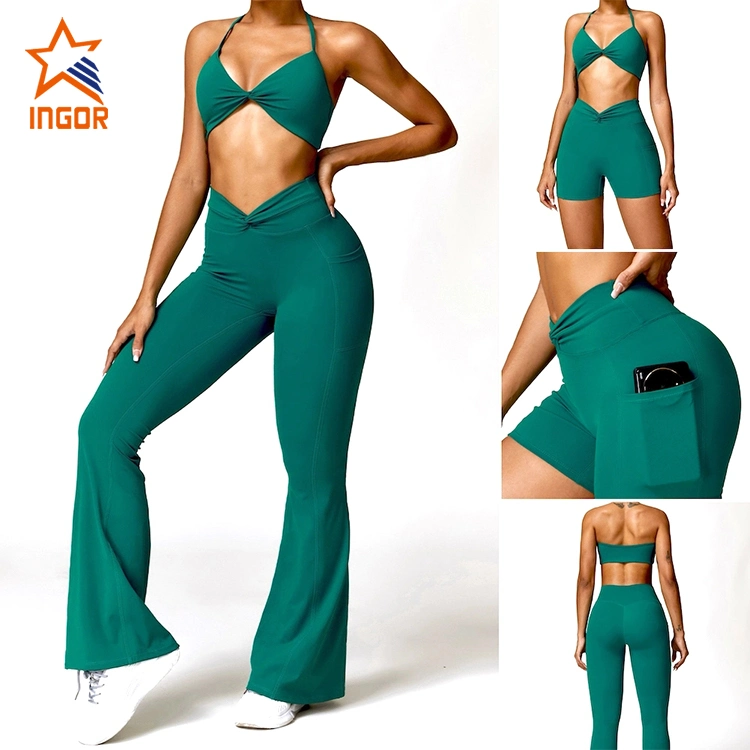 Ingorsports Factory Hot Selling 5PCS Set Sports Fitness Sweat Suits Gym Clothing for Women, Custom Logo Gym Top + Yoga Shorts + Workout Leggings Active Apparel