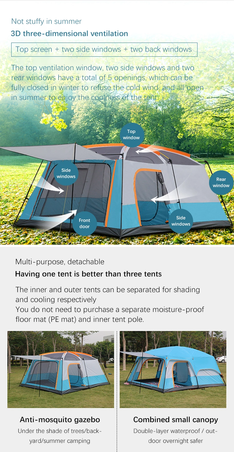Large Luxury Double Layer 2 Rooms 1 Living Room 6-10 Persons Family Camping Tent Outdoor Waterproof