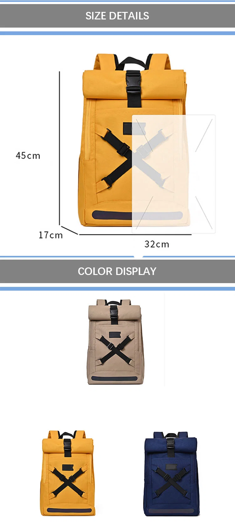 Korean Style Men Multipurpose 15.6 Inch Laptop Compartment Waterproof College Bag Roll Top Backpack