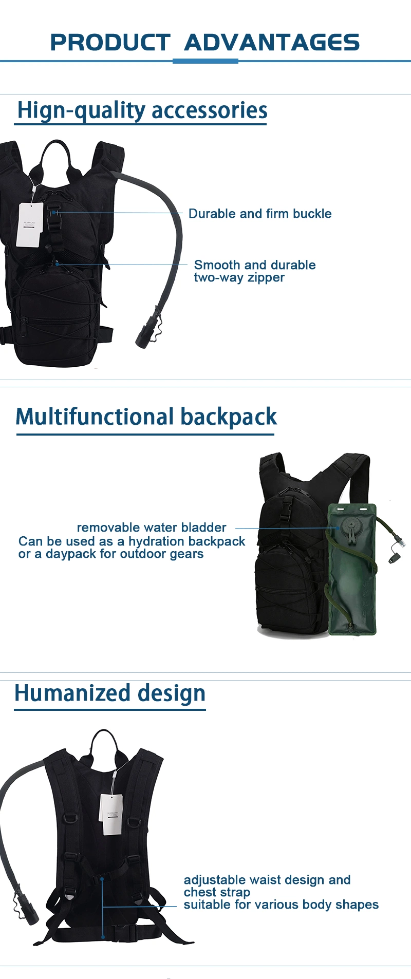 Double Safe Custom Tactical Outdoor Hiking Running Bladder Hydration Backpack