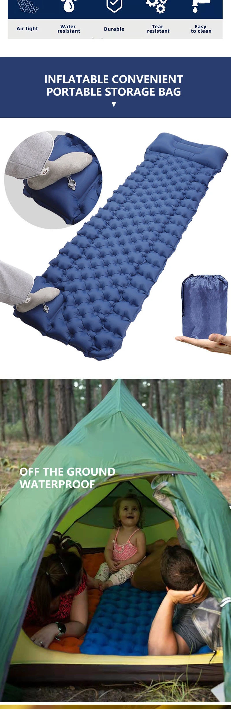 High Quality Lightweight Self Inflatable Folding Air Camping Mat Mattress Pad Camping Sleeping Pad with Attached Pillow