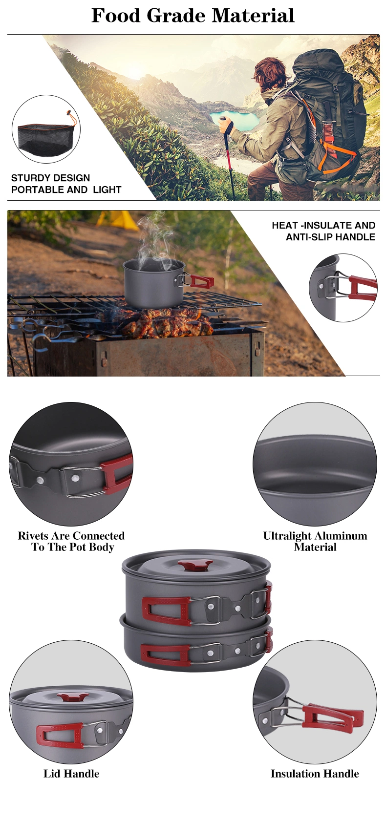 Aluminum Cooking Set Water Kettle Pan Pot Travelling Hiking Picnic BBQ Tableware